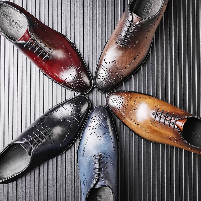 British style oxford shoes men's head cowhide three joints handmade square head business formal carved black leather shoes